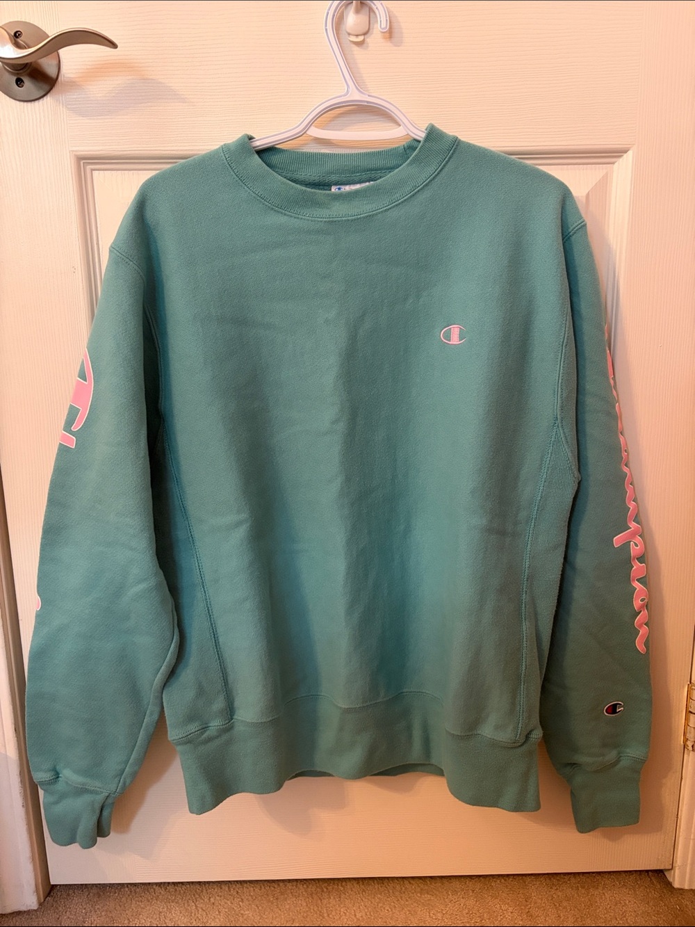 Champion Men's Crewneck Sweatshirt in Teal with Pink Accents
